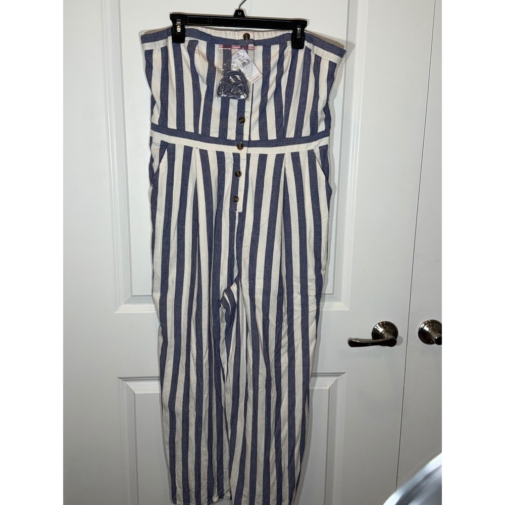 American Eagle Blue White Striped Strapless Linen Blend Jumpsuit Womens XL NWT